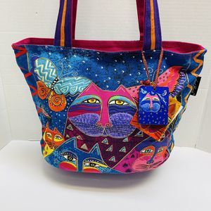 Laurel Burch Cats Butterflies Whimsical Felines Zipper Purse Tote Bag Medium New